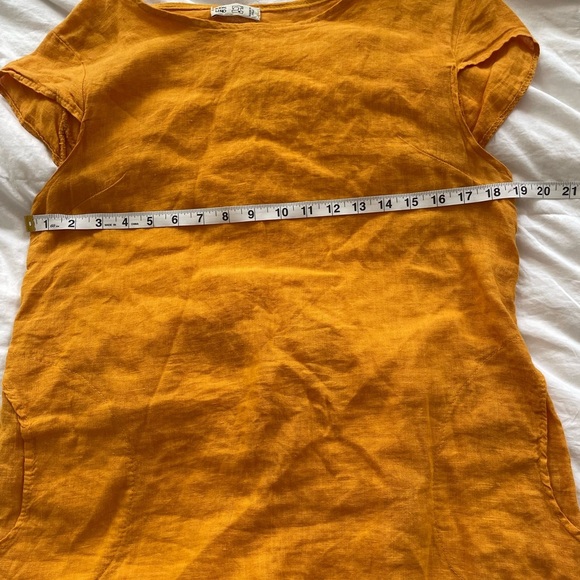 100% LINO Mustard Yellow Short Sleeve linen embroidered Dress with pockets | L - Picture 10 of 11